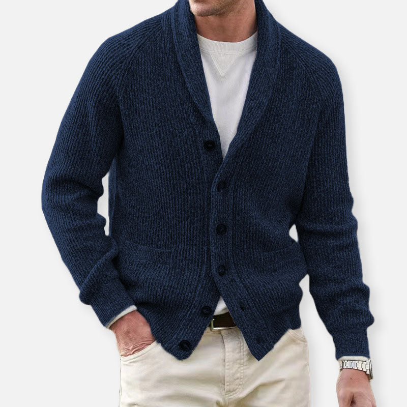 Rémi | Gilet en Maille Côtelée Col Châle à Poches Homme - Bleu marine