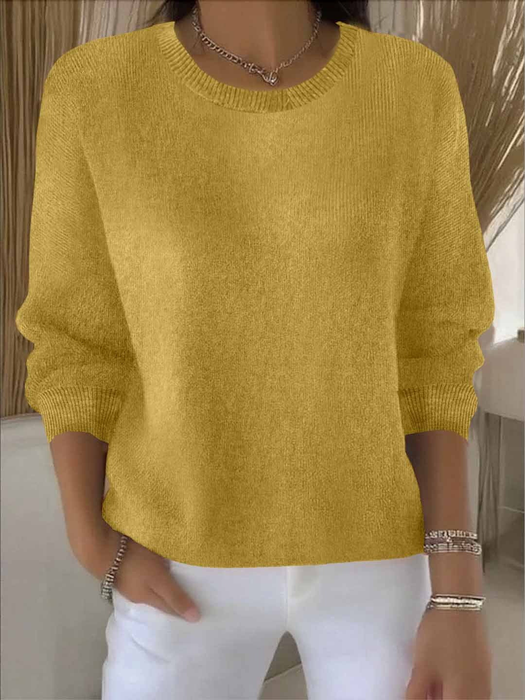 Roseline | Pull Femme Col Rond en Maille Douce Coupe Décontractée - Jaune moutarde