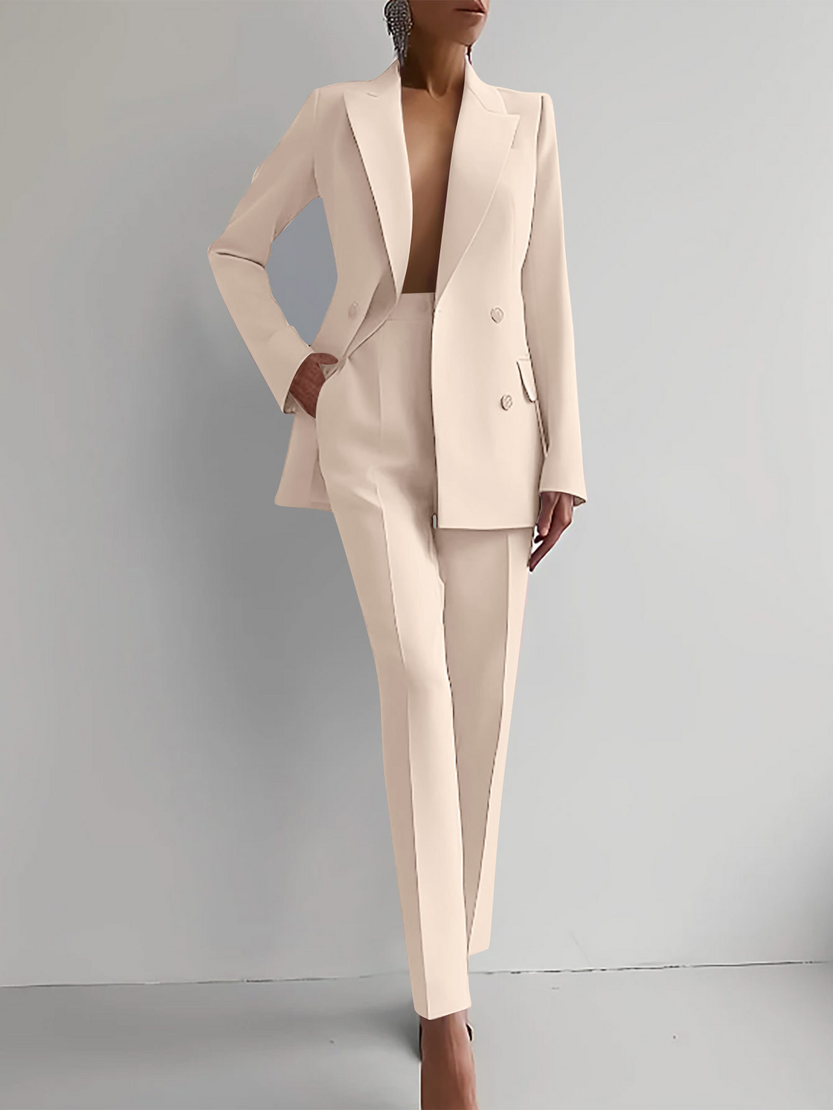 Sabine | Tailleur Pantalon Femme Blazer Croisé et Pantalon Droit - Crème