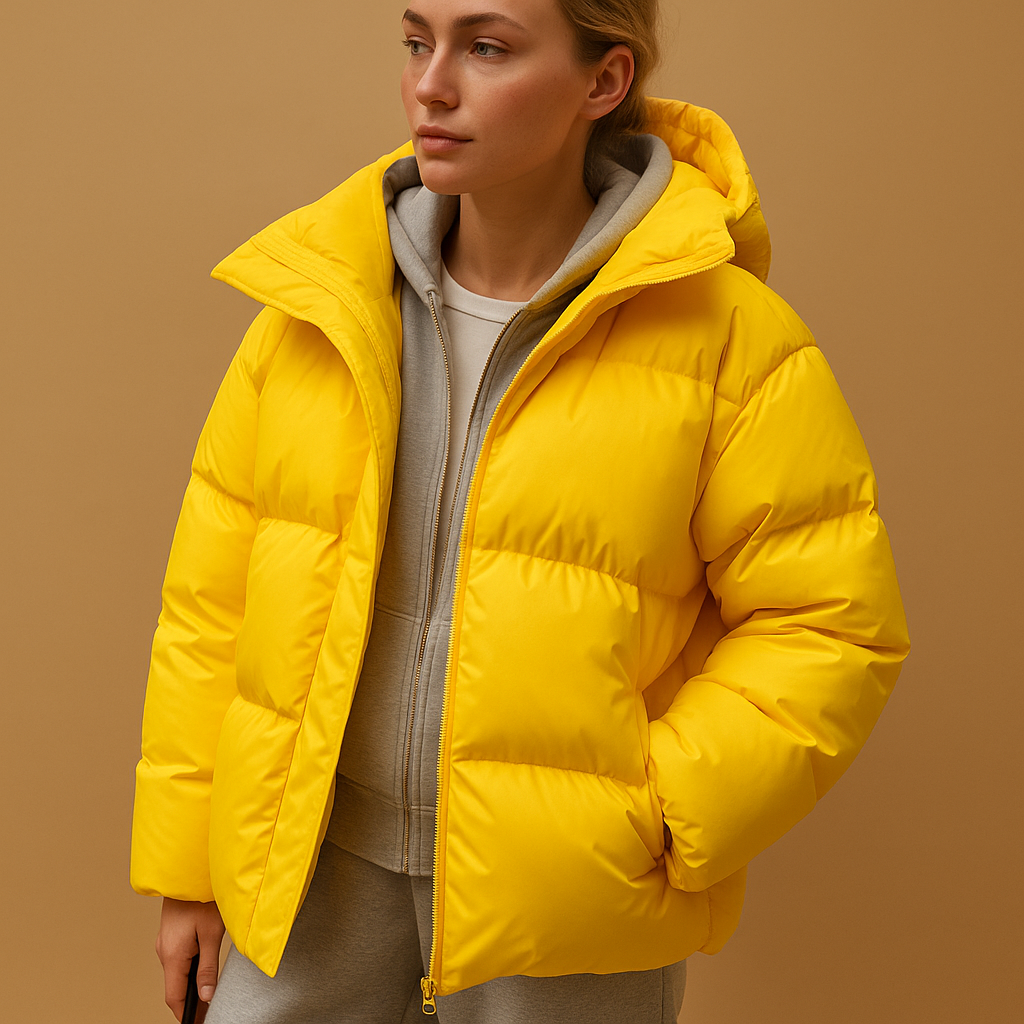 Salomé | Doudoune Oversize Femme Déperlante à Capuche et Col Montant - Jaune