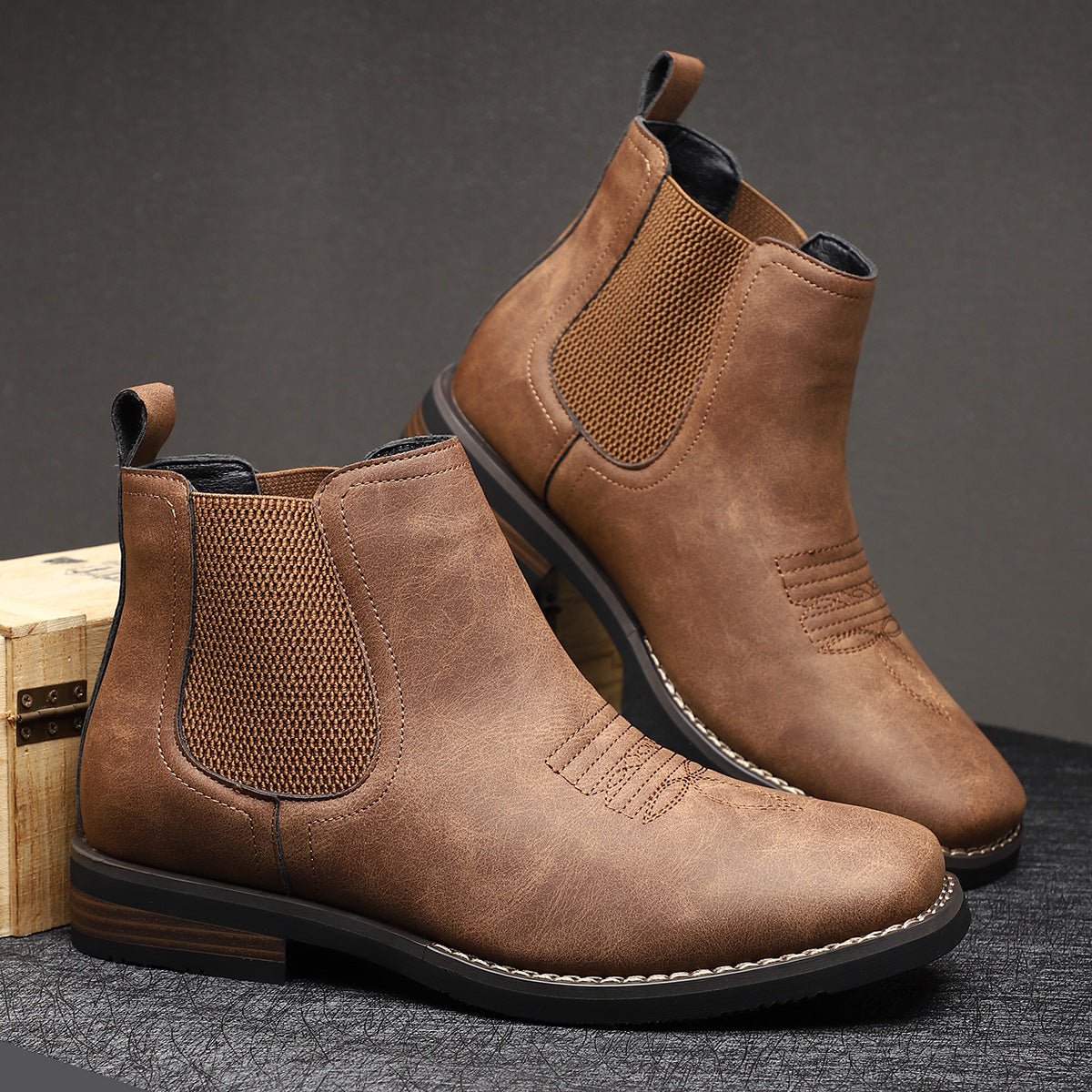 Sébastien | Chelsea Boots Homme Effet Cuir à Surpiqûres Western - Marron châtaigne