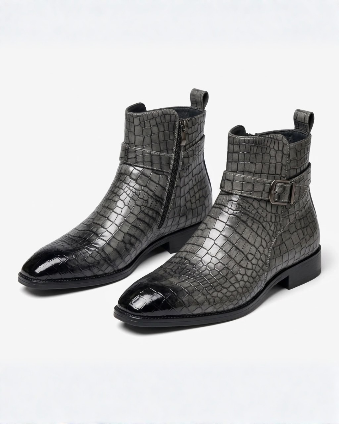 Séraphin | Bottines Homme Effet Croco à Zip et Bride à Boucle - Gris