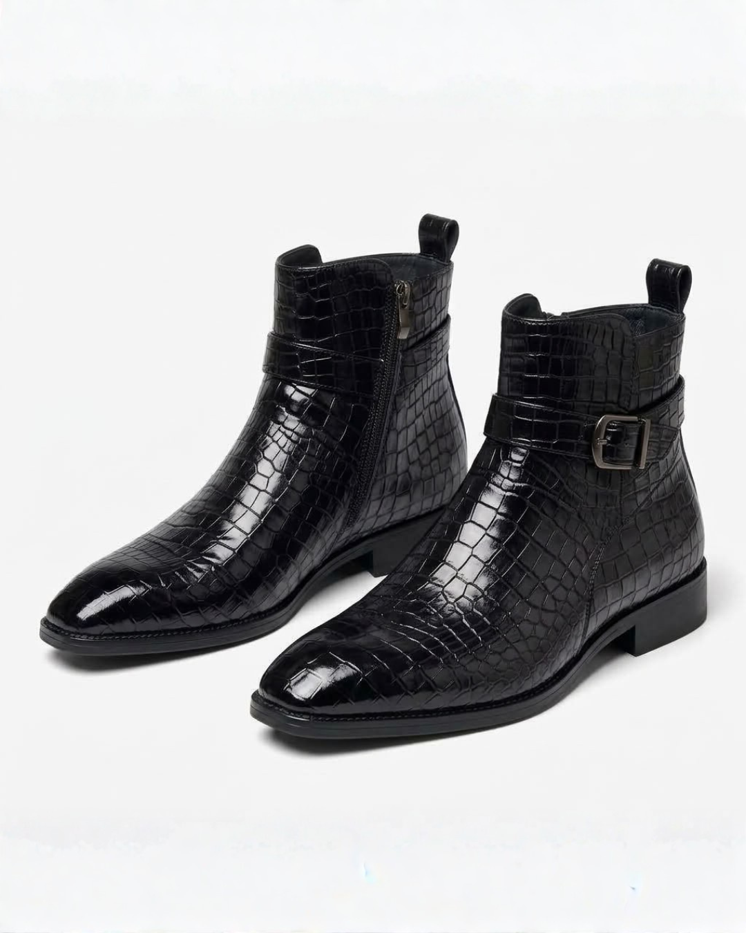 Séraphin | Bottines Homme Effet Croco à Zip et Bride à Boucle - Noir
