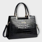 Séverine | Sac à Main Femme Effet Croco Verni à Double Anse - Noir