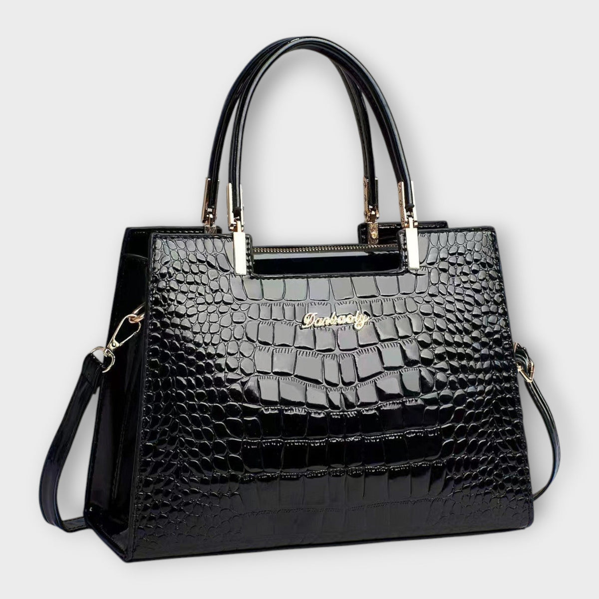 Séverine | Sac à Main Femme Effet Croco Verni à Double Anse - Noir