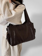 Sidonie | Grand Sac Cabas Femme Effet Cuir à Poches Zippées - Marron foncé