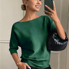 Solène | Pull Femme Col Bateau en Maille Douce à Manches Chauve-Souris - Vert foncé