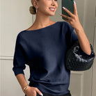 Solène | Pull Femme Col Bateau en Maille Douce à Manches Chauve-Souris - Bleu marine