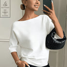 Solène | Pull Femme Col Bateau en Maille Douce à Manches Chauve-Souris - Blanc