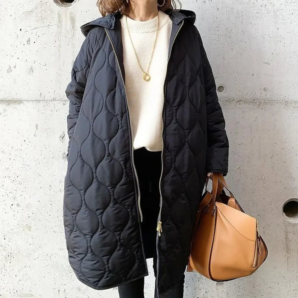 Sylvie | Manteau Long Matelassé Femme à Capuche, Coupe Ample - Noir