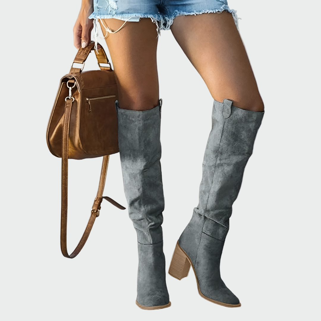 Thaïs | Bottes Hautes Femme Effet Cuir Lisse Montant au Genou - Gris