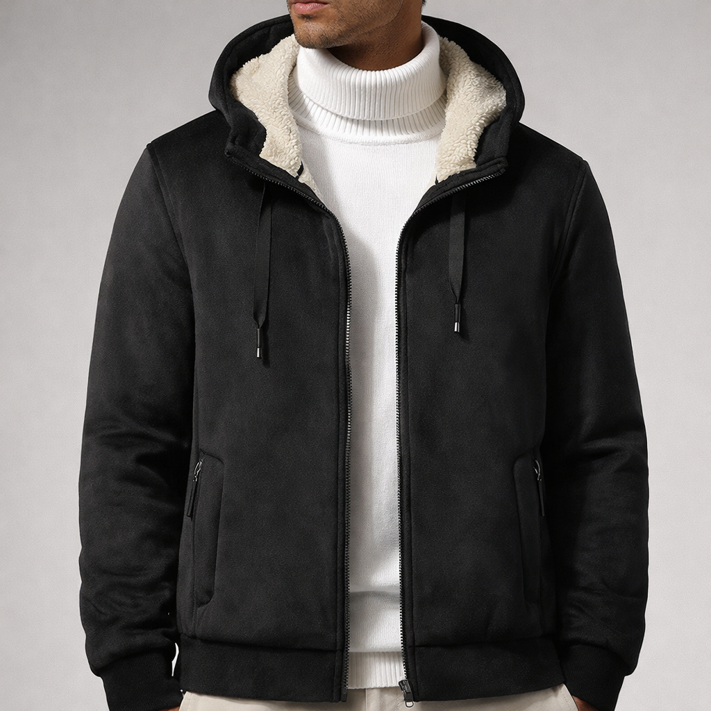 Théodore | Blouson Homme à Capuche Doublé Sherpa Aspect Suédine - Noir