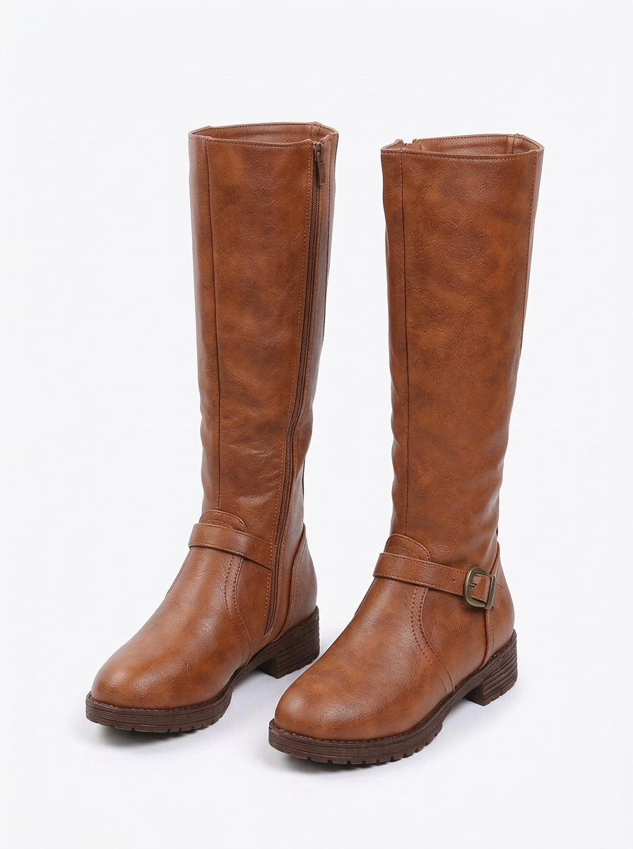 Thérèse | Bottes Hautes Femme Effet Cuir à Boucle et Fermeture Éclair - Cognac