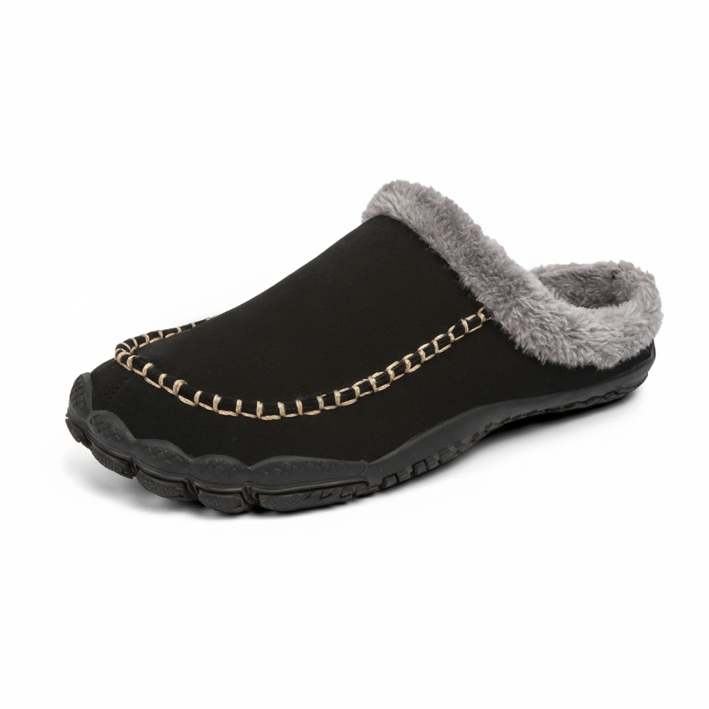 Valentin | Chaussons Mules Homme Fourrés à Surpiqûres, Aspect Suédine - Noir
