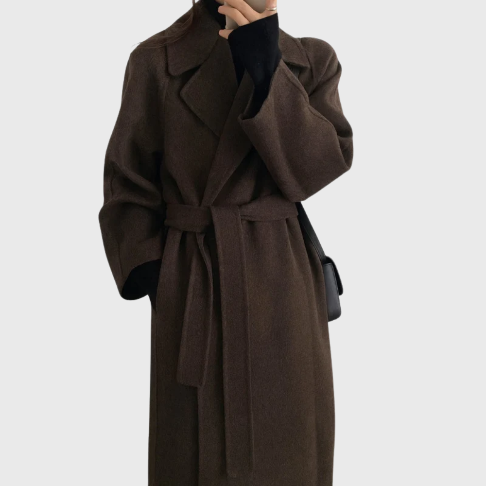 Valentine | Manteau Long Femme Ceinturé à Larges Revers, Toucher Laine - Marron foncé