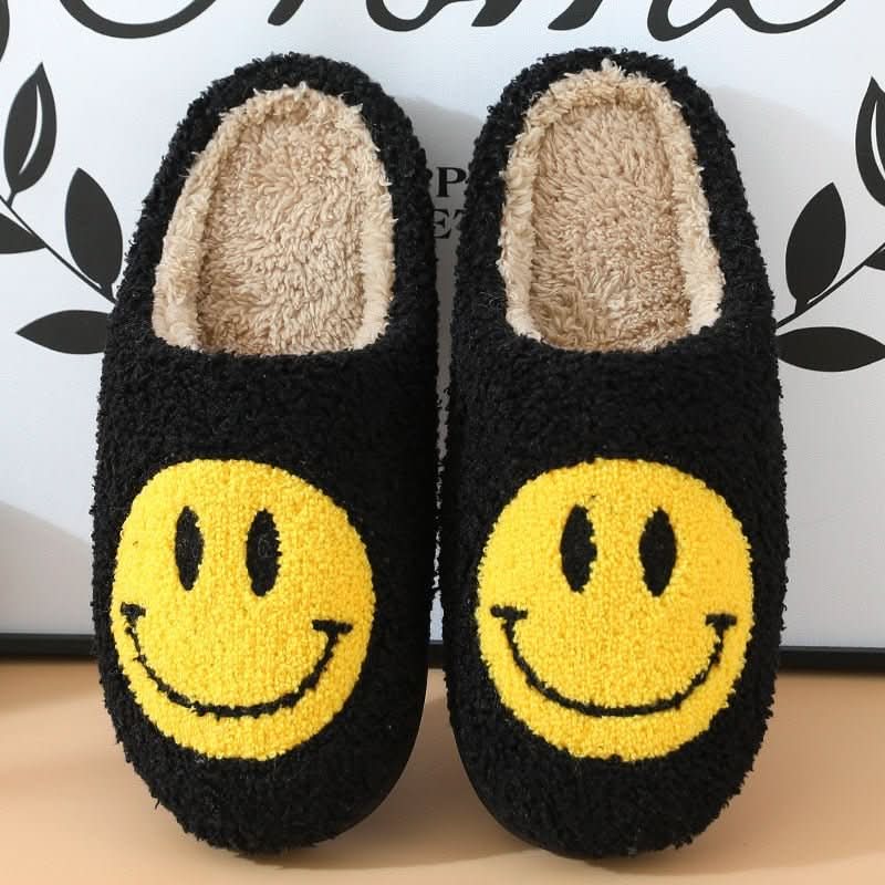 Véronique | Chaussons Femme Doublure Sherpa à Visage Souriant Brodé et Semelle Épaisse - Noir