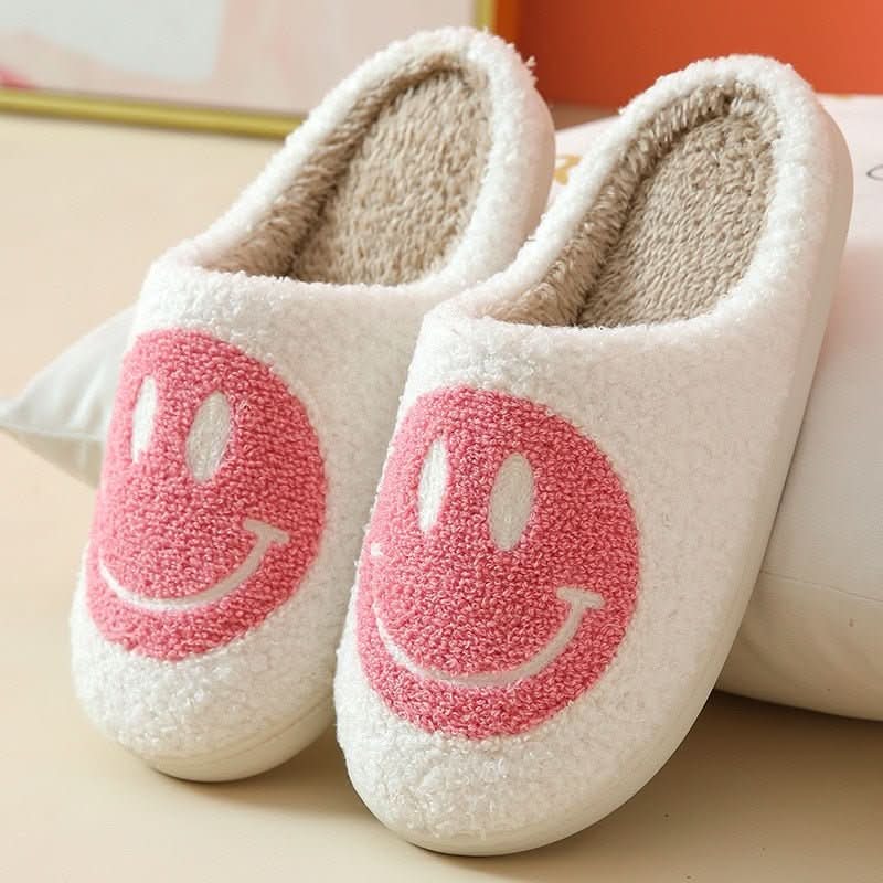 Véronique | Chaussons Femme Doublure Sherpa à Visage Souriant Brodé et Semelle Épaisse - Écru et rose