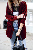 Violette | Blazer Femme en Velours Coupe Longue Structurée - Rouge
