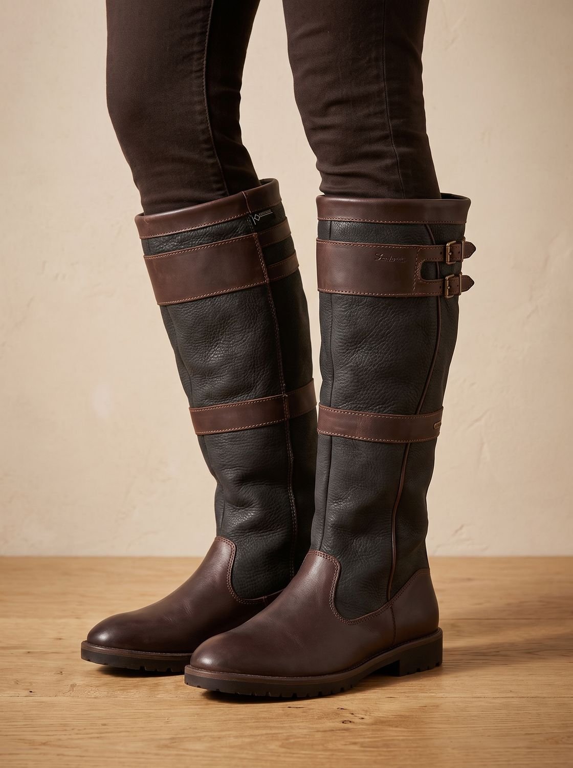 Yvette | Bottes Hautes Femme Bicolores Effet Cuir Grainé à Double Boucle - Noir et chocolat