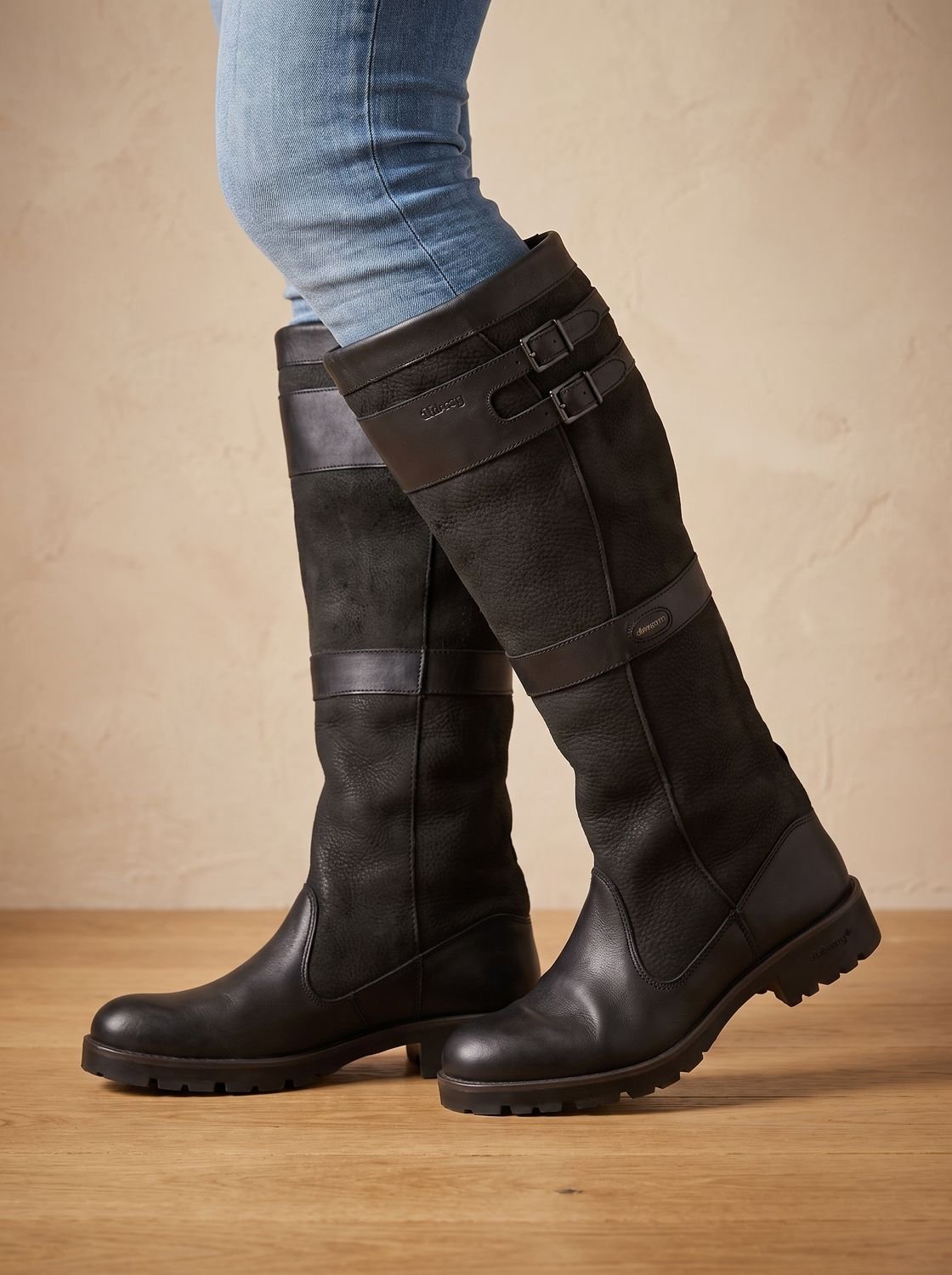 Yvette | Bottes Hautes Femme Bicolores Effet Cuir Grainé à Double Boucle - Noir