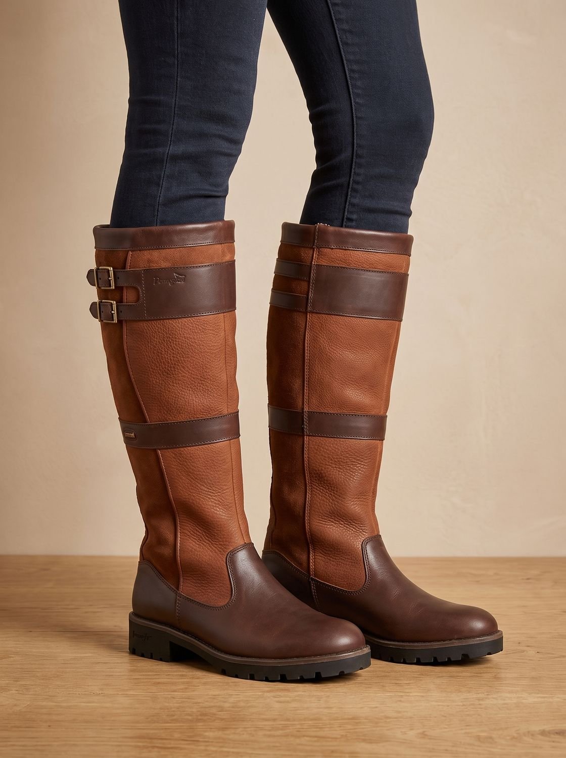 Yvette | Bottes Hautes Femme Bicolores Effet Cuir Grainé à Double Boucle - Cognac