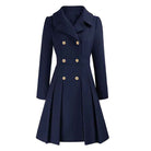 Zélie | Manteau Croisé Femme Cintré et Évasé à Plis, Toucher Laine - Bleu marine