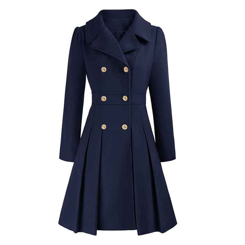 Zélie | Manteau Croisé Femme Cintré et Évasé à Plis, Toucher Laine - Bleu marine