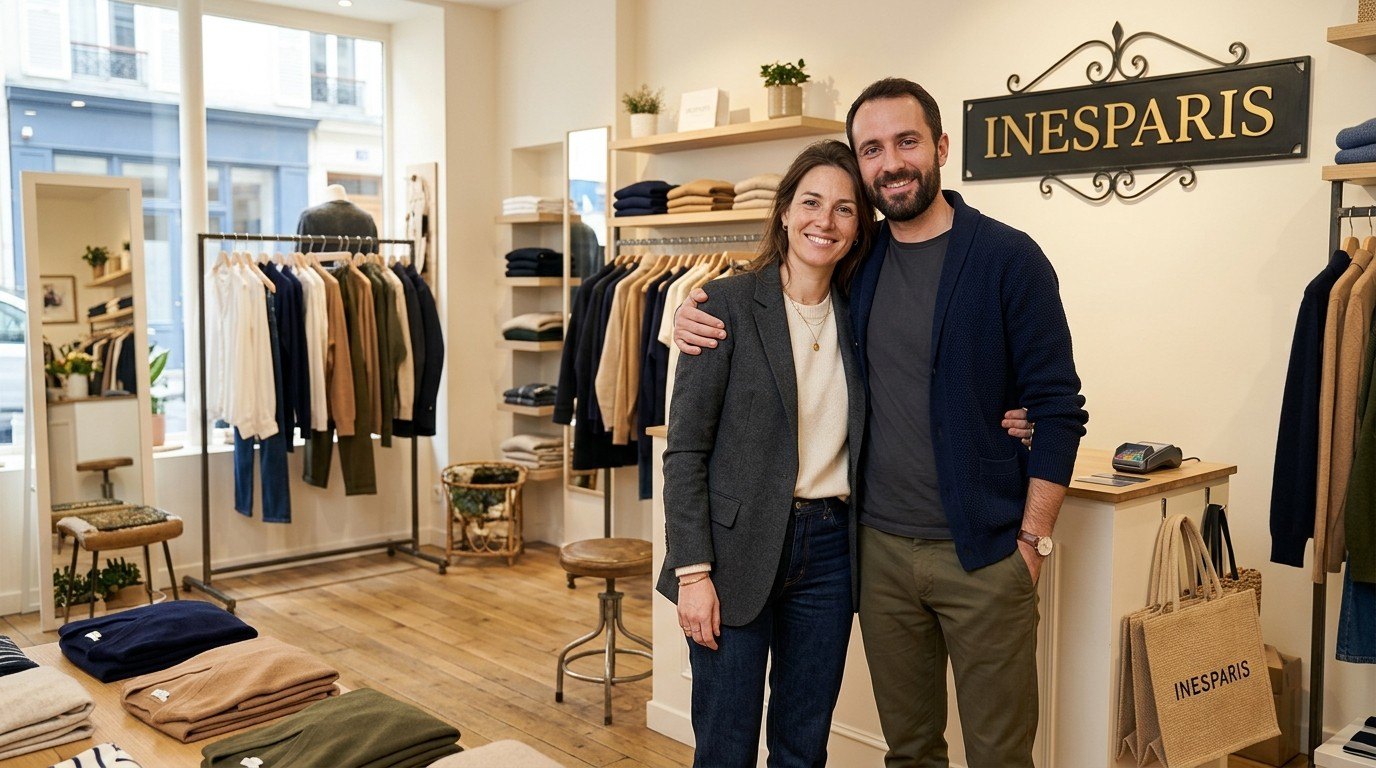 Inès et Noah dans la boutique Inesparis. Offre d'automne : 15 % de réduction dès 2 articles, 20 % pour 3, 25 % dès 4
